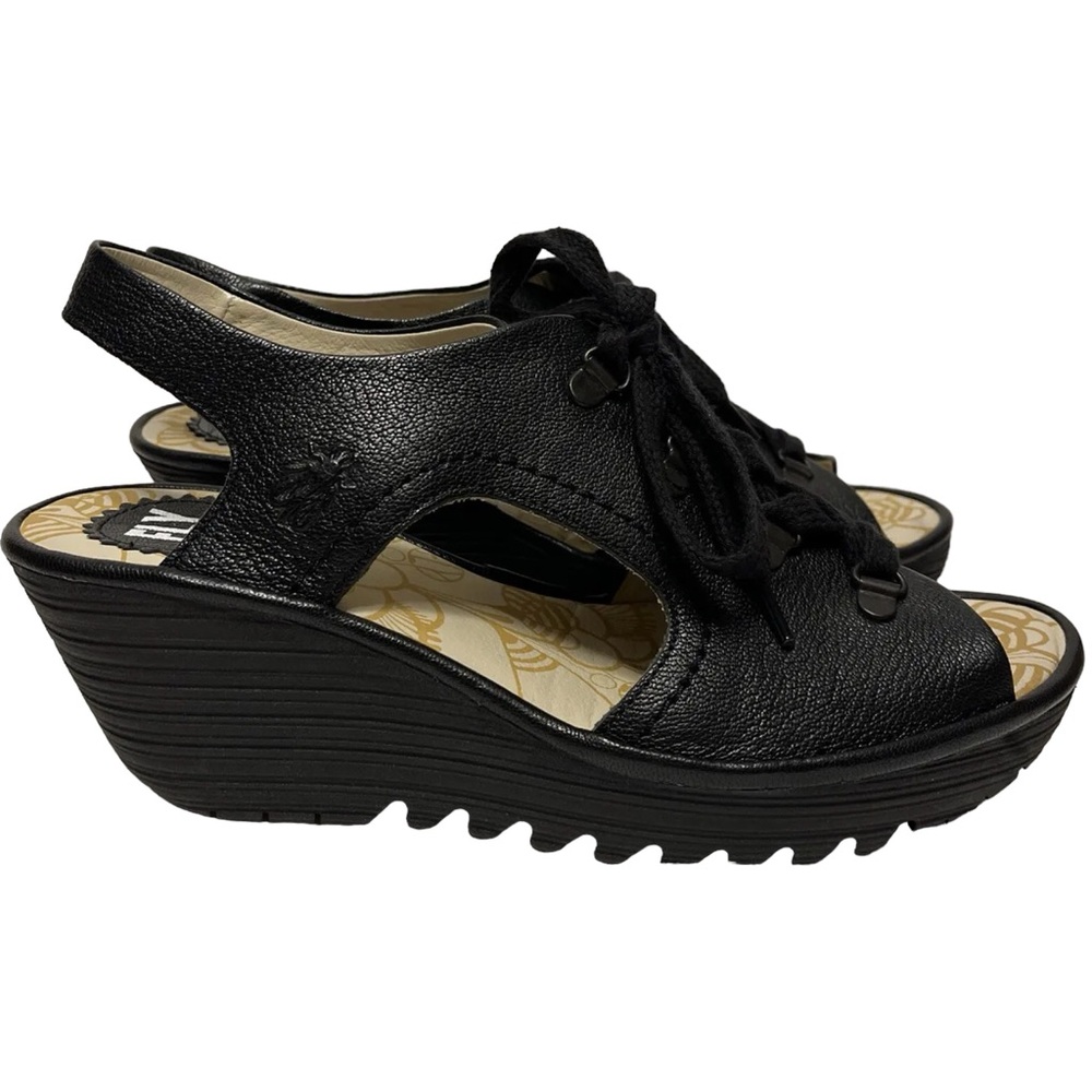 Fly London Black Leather Lace Up Peep Toe Yifa Wedge Sandals 40 Women’s 9 9.5